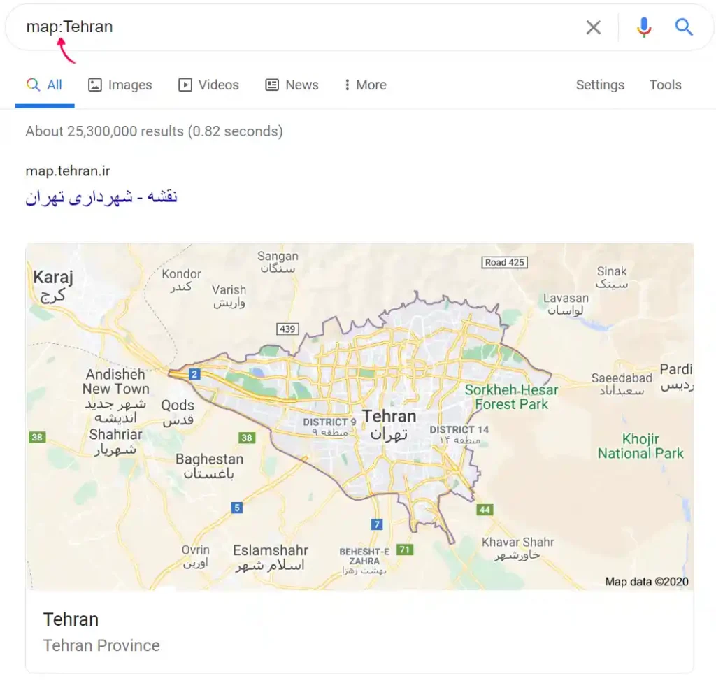 جستجوی کلمه map دو نقطه تهران در گوگل